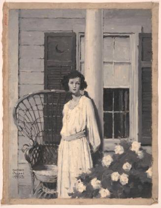 Girl Leaning Against Column of House Porch; Illustration