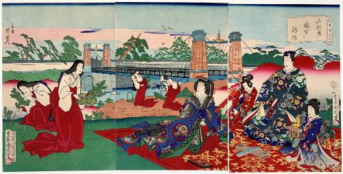 New Year's Outing Before a Suspension Bridge (Azumagenji no uchi komatsubiki sonō no tsuribashi) 

東源氏之内 小松曳園生之釣橋