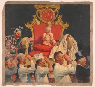 Row of People Saluting 1935 Baby New Year; Illustration for Magazine Cover