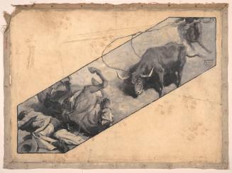 Cowboy Lassoing Steer, Fallen Cowboy and Horse; Illustration