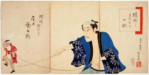 Onoe Kikigorō V as the monkey trainer Yojirō in the play Sarumawashi kado de no hitofushi 猿廻し与次郎 尾上菊五郎