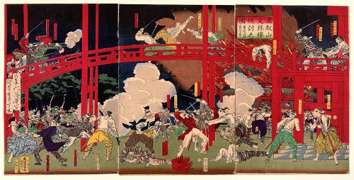 The Burning of the Monju Hall at Tōeizan Temple on the 15th Day of the 5th Month, 1868 (Tōeizan Monjū-rō yakiuchi no zu Keiō boshin gogatsu jūgonichi)