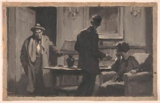 Man Enters Living Room Where Standing Man and Seated Woman Look at Him; Illustration
