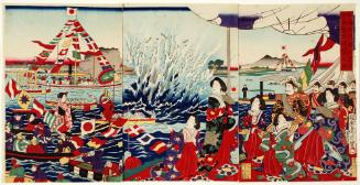 Illustration of an Explosion from a Torpedo in the Sumida River During a Festival with Boat Races (Sumida kawabata ni oite fune kyōsō kai suiraika haretsu no zu)