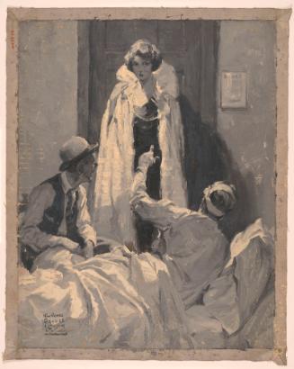 Woman Stands in Front of Door As Seated Man and Man in Bed Look at Her; Illustration