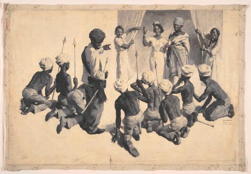 Kneeling Men with Spears Face Woman with Crown and Man in Turban; Illustration