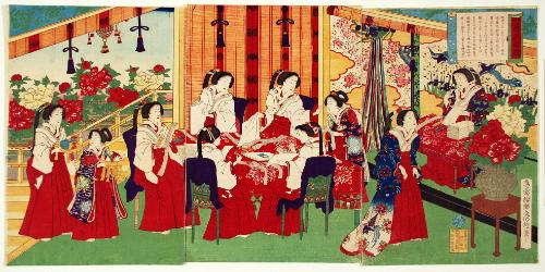 Report of the People Living in Perfect Contentment (Denbun banmin kofuku): Empress and Ladies-in-Waiting Making Cotton Strings to Aid Wounded Troops in the Kagoshima Rebellion