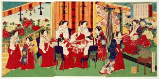 Report of the People Living in Perfect Contentment (Denbun banmin kofuku): Empress and Ladies-in-Waiting Making Cotton Strings to Aid Wounded Troops in the Kagoshima Rebellion