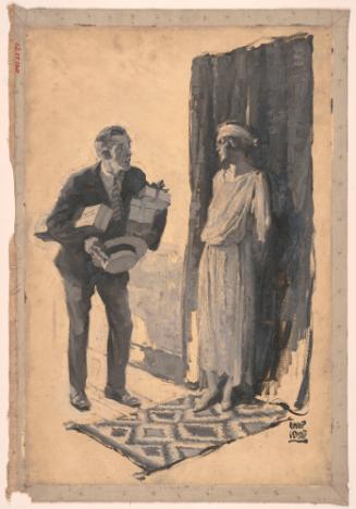 Man with Packages and Flowers, Woman Standing at Door; Illustration