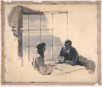Man and Woman at Restaurant Table in Front of Window; Illustration
