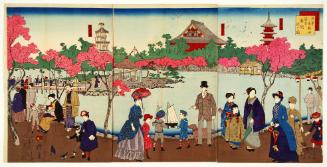 Famous Place of Tokyo: Shinkai Pond with the Distant View of Kinryūzan Temple
東京名所浅草金龍山遠景新開池之図.