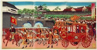 The Phoenix Carriage Leaving Nishi-No-Maru of the Imperial Palace to Attend a Military Review at Ayoma (Nishinomaru kokyo yori Aoyama kanpeishiki hōōsha miyuki no zu)