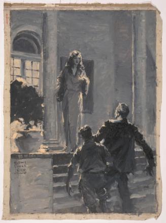 Woman Standing on Porch Looks Down at Two Men; Illustration