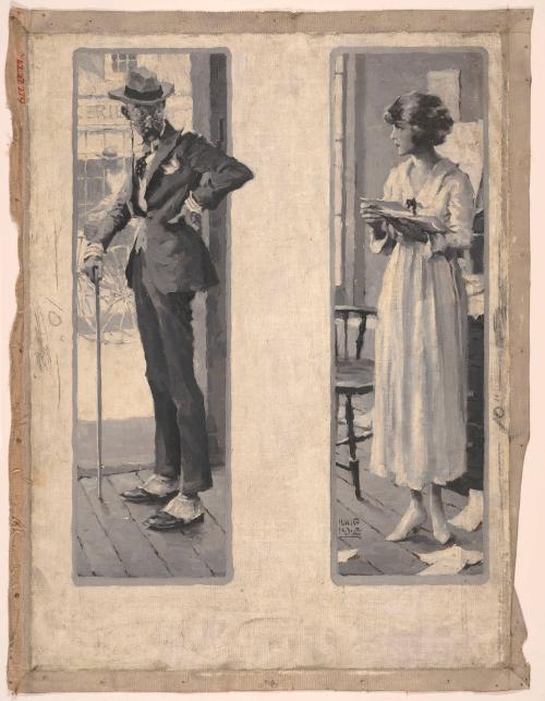 Man Going Out Door, Woman Looking at Him; Illustration