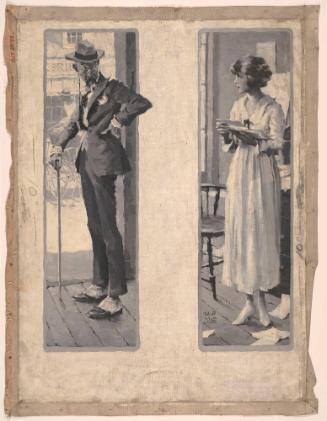Man Going Out Door, Woman Looking at Him; Illustration