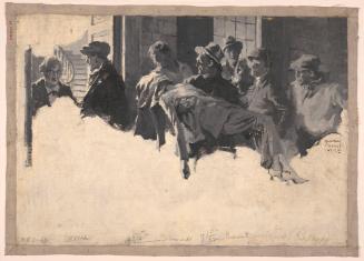 Group of Men Bring Body of Woman to House; Illustration