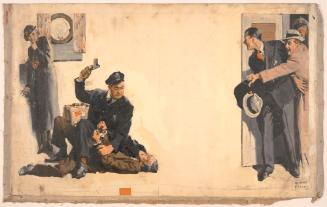Policeman Holds Man on Floor As Woman Cowers at Left; Illustration for in a Hurry for Redbook