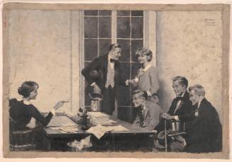 Six People Grouped Around Office Desk; Illustration