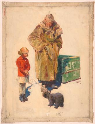 Little Girl with Bear on Leash Watched by Man; Illustration