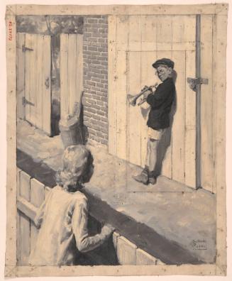 Small Boy in Alley Holds Bugle; Illustration
