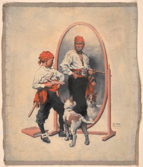 Boy in Pirate Costume Looks in Mirror; Illustration