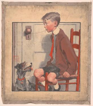 Seated Boy with String Tied from Tooth to Doorknob