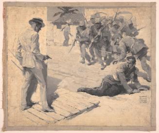 Man with Pistol Faces Fallen Man in Uniform; Illustration