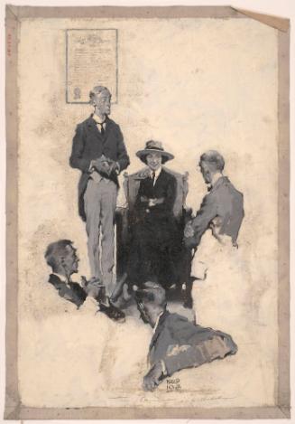 Seated Woman Surrounded by Four Men; Illustration