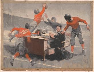 Bespectacled Boy at Desk and Four Boys in Football Uniforms; Illustration