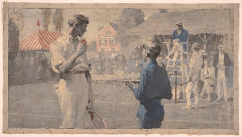 Man and Boy on Tennis Court; Illustration