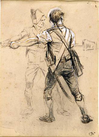 Two Men in Revolutionary Dress Loading a Cannon
