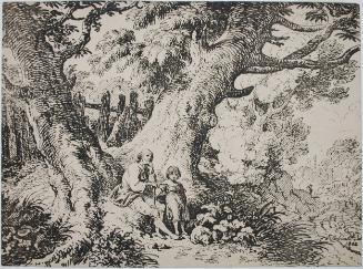 Man, Child, and Dog Under a Tree