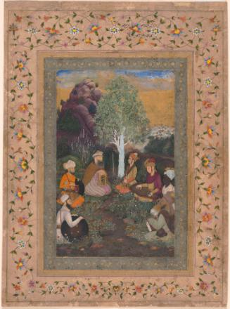 Scholars and Musicians beneath a Tree, possibly Prince Dara Shikoh and Mullah Shah, Accompanied by Five Retainers, in Kashmir